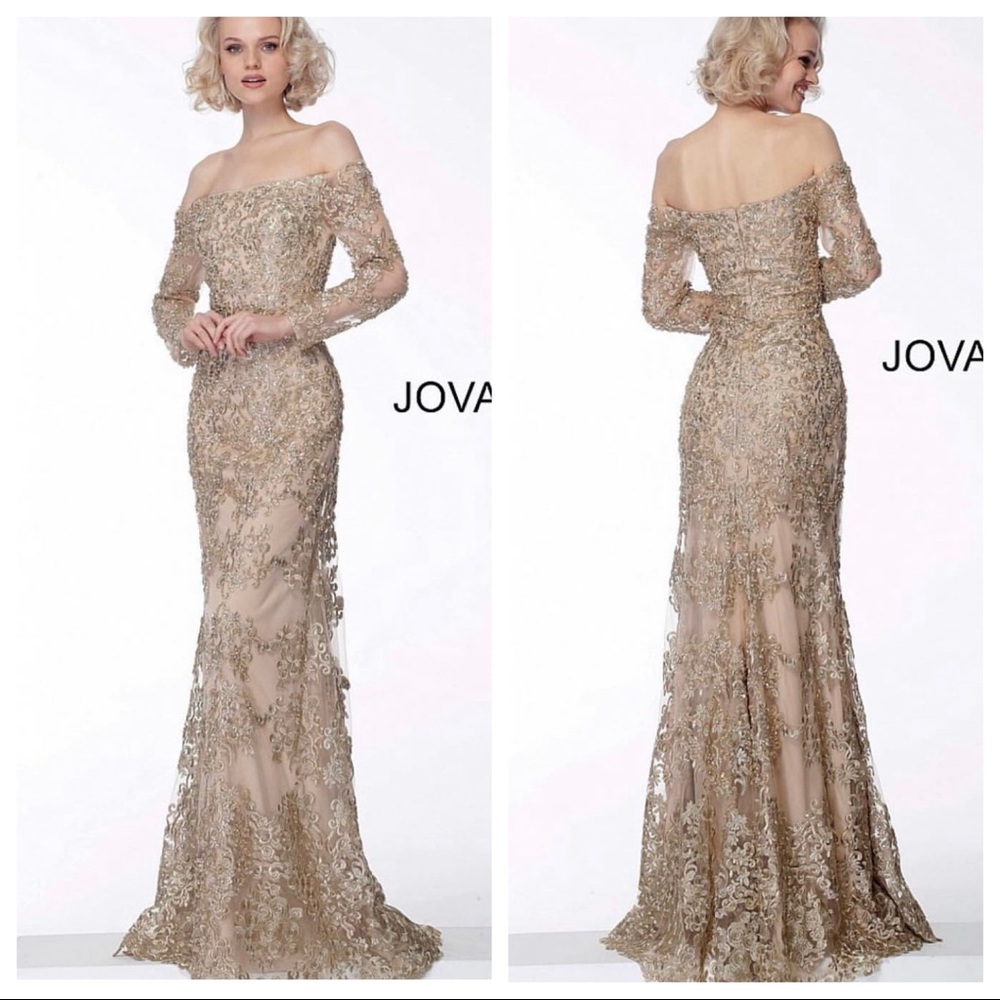 Jovani - Gold Off the Shoulder Evening Dress
